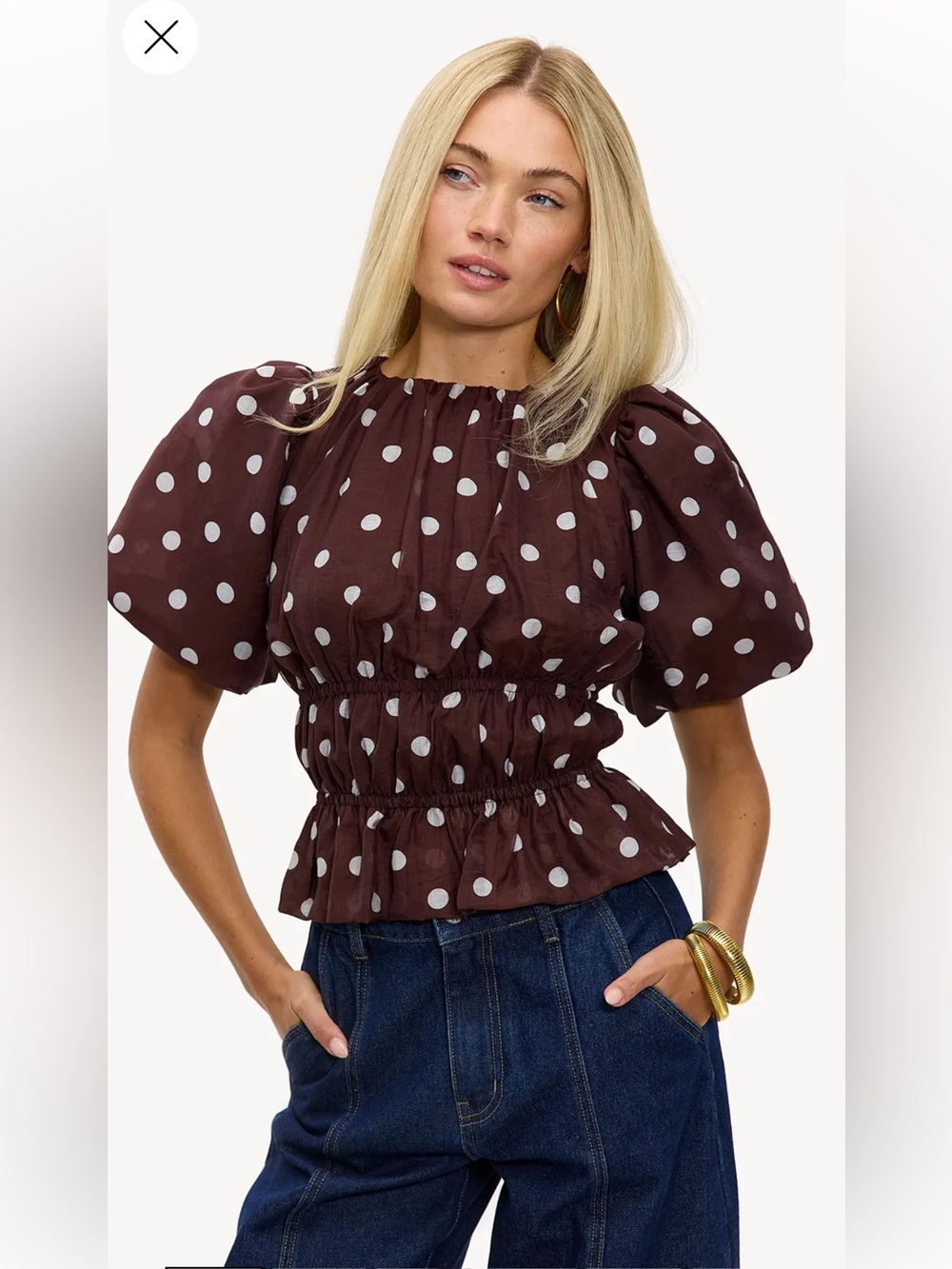 Joie Brown Polka Dot Smocked Puff-Sleeve Top
